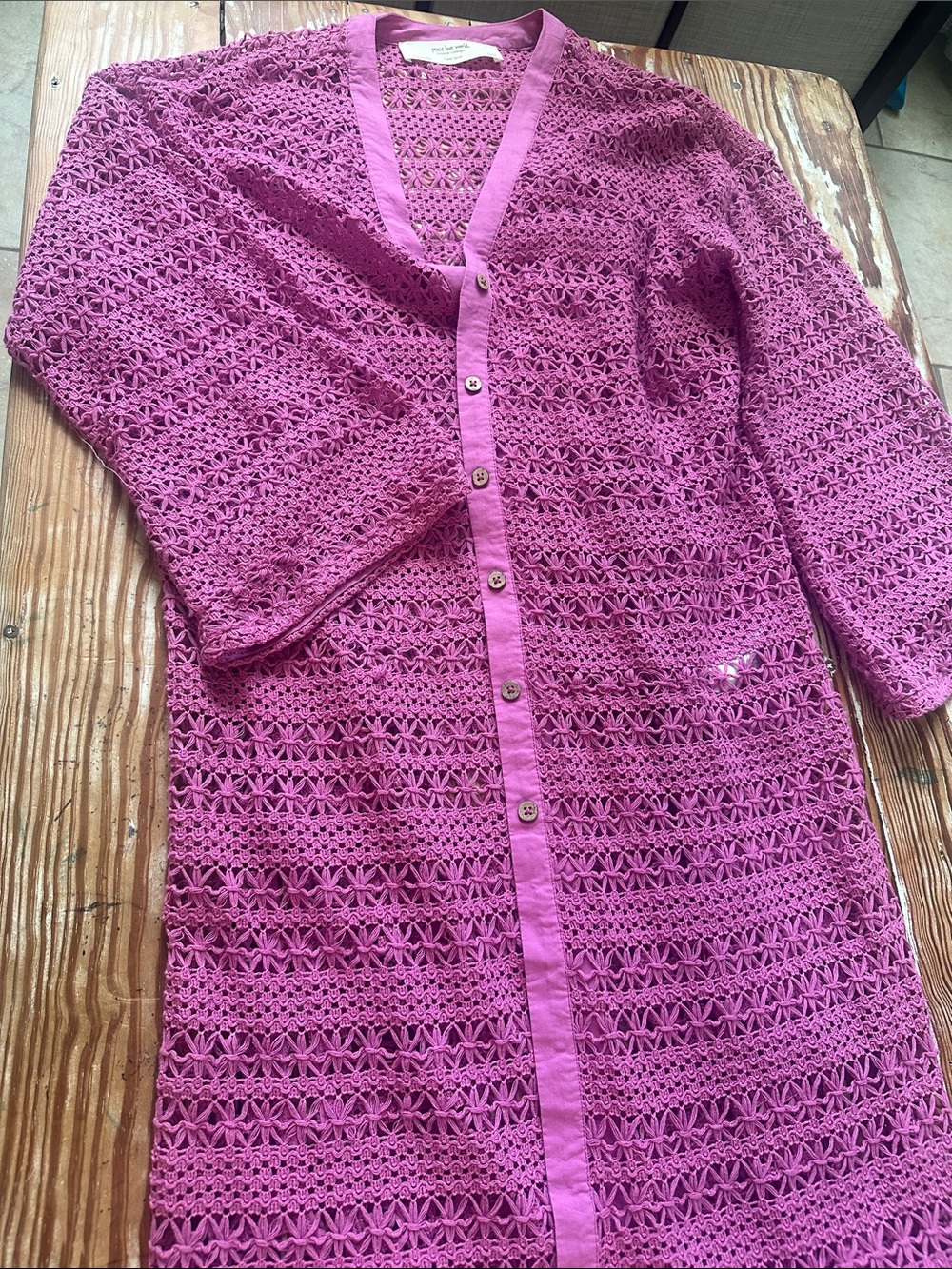 Crocheted Button-Front Pinkish Duster Coverup